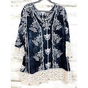 Cato Womens XL Blue Tie Dye Crochet Lace Boho Embroidered Scoop Neck Tunic Top